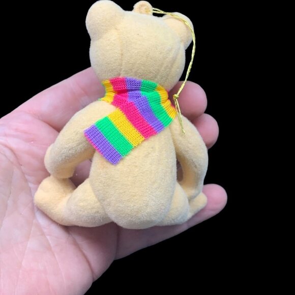Vintage Blow Mold Flocked Teddy Bear w Rainbow Scarf Christmas Ornament - Picture 4 of 7